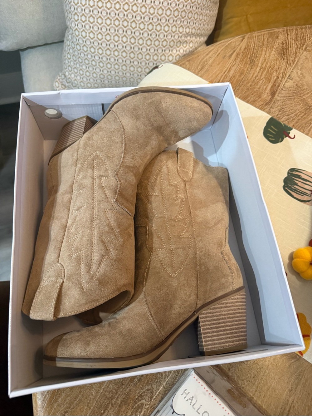 Pink Lily Tan Suede Western Block Heel Ankle Boots